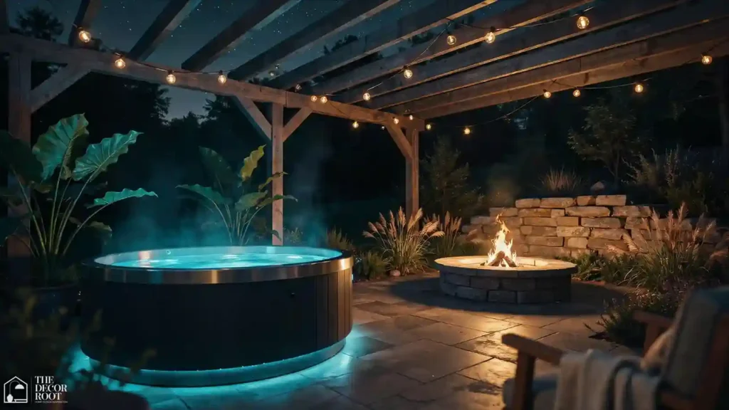 A pergola overhead, a fire pit nearby, and tropical plantings all around this outdoor jacuzzi setup is what 'staycation' actually looks like.