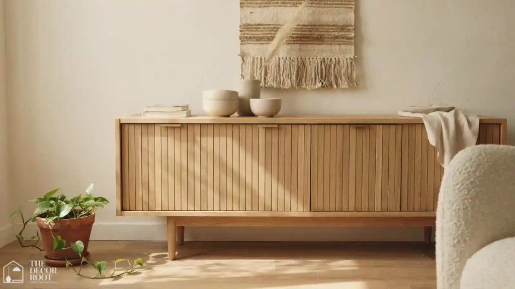 	Japandi dining room ideas with styled low-profile wood sideboard