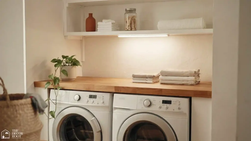 Finished basement laundry room ideas with folding counter over machines and potted plant on open shelving Basement Laundry Room