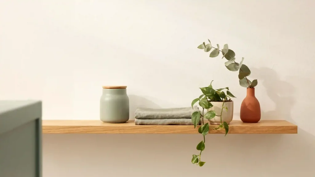 Sage green laundry room design accessories including ceramic canisters and trailing plants Laundry Room Desig