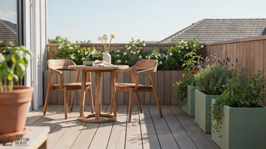Ground level deck with outdoor dining nook and planter boxes