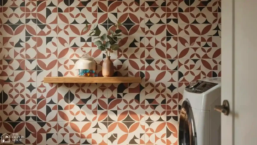 Peel-and-stick laundry room wallpaper ideas with geometric print in terracotta and cream Laundry Room Decor
