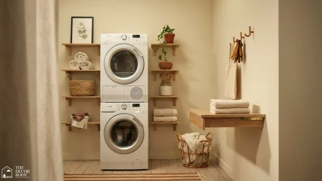 Compact mudroom laundry combo ideas with fold-down counter and stacked machines in a small entryway Mudroom & Laundry Design