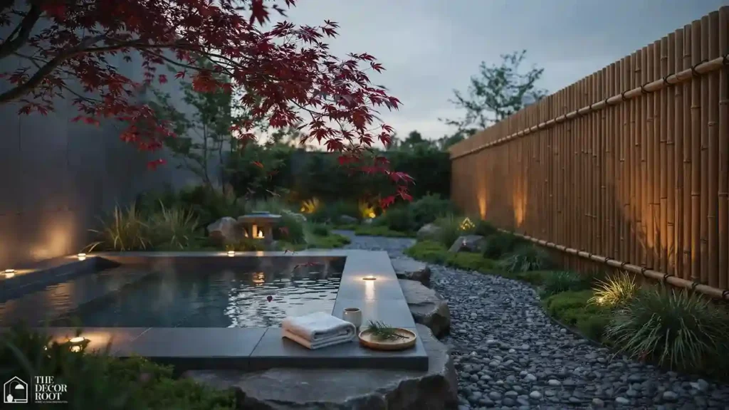 Outdoor jacuzzi design ideas in a Japanese-inspired garden with natural stone surround, bamboo screening, and minimalist planting