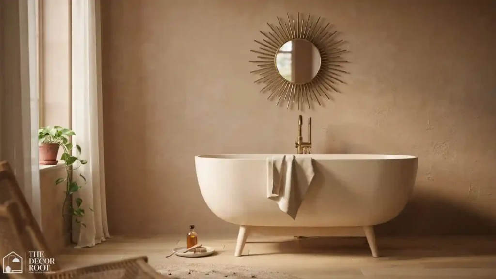 Mid century modern bathroom ideas with a freestanding soaking tub and tapered legs
