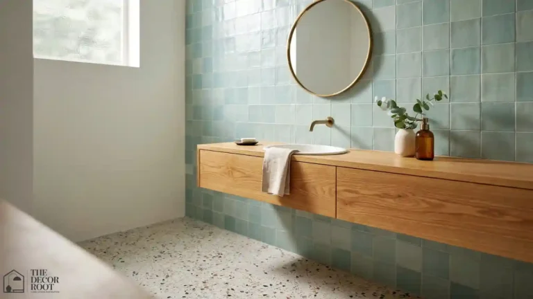 Mid century modern bathroom ideas with a teak vanity and terrazzo flooring