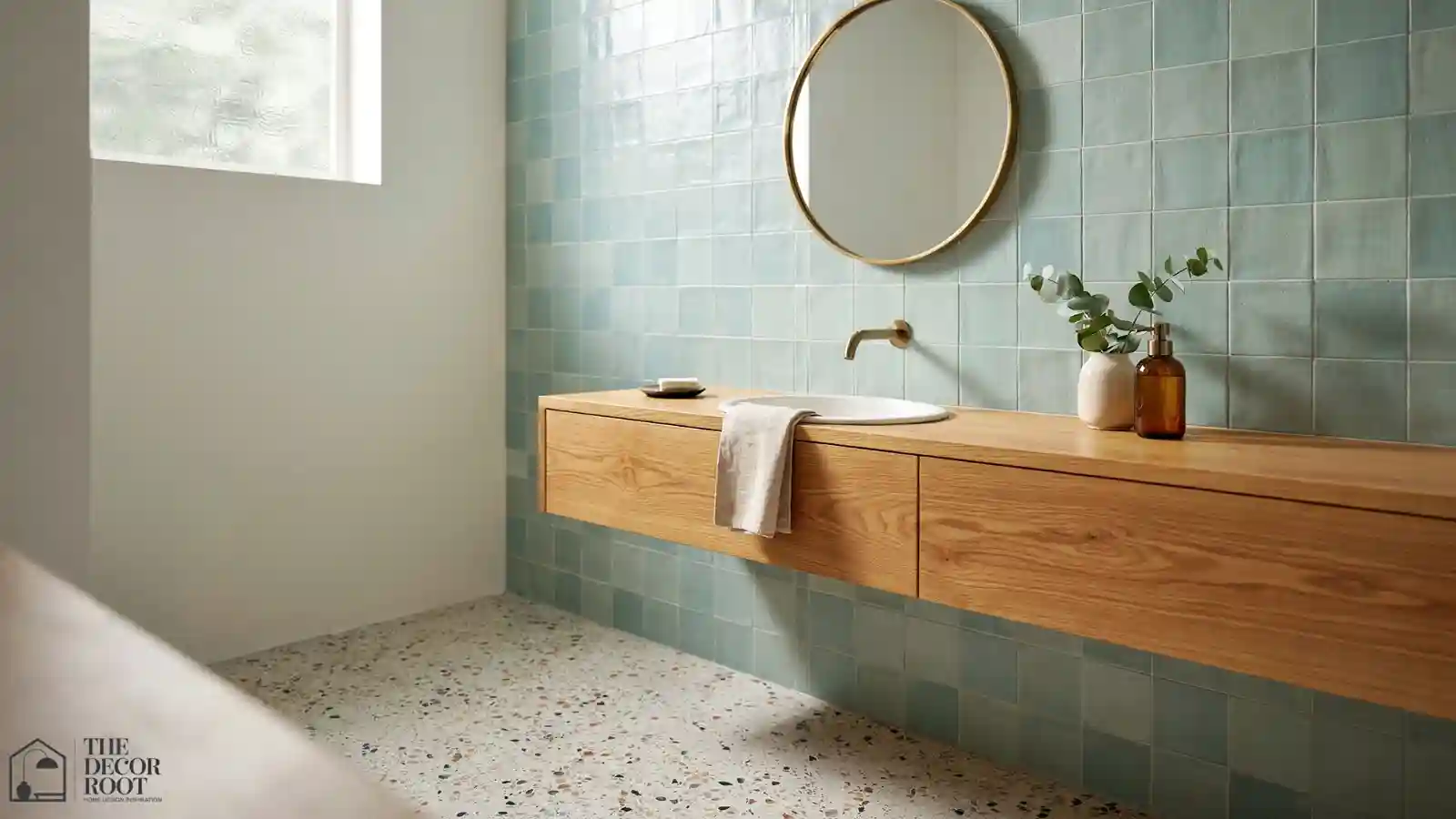 Mid century modern bathroom ideas with a teak vanity and terrazzo flooring