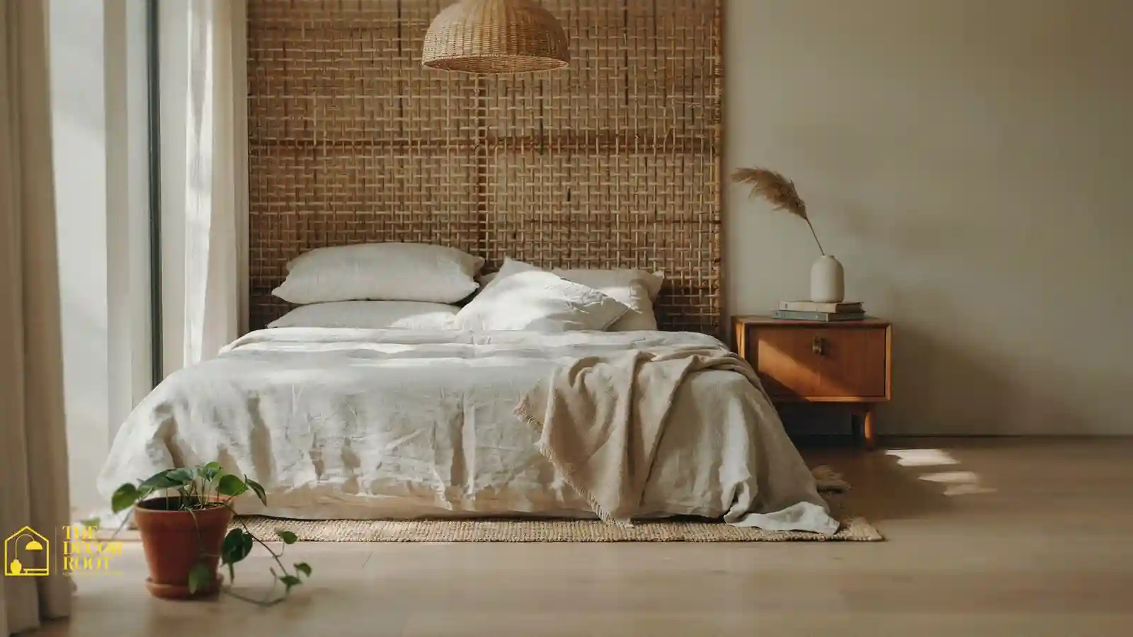 Rattan headboard bedroom accent idea styled with linen bedding and warm wood tones