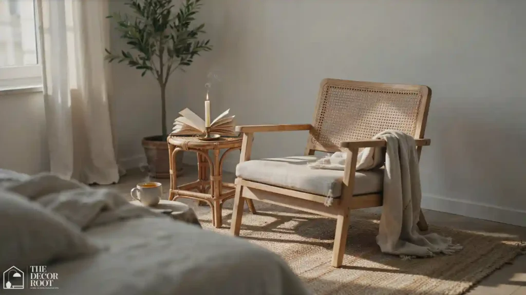 Cane-backed accent chair styled in a bedroom reading corner as a rattan accent idea