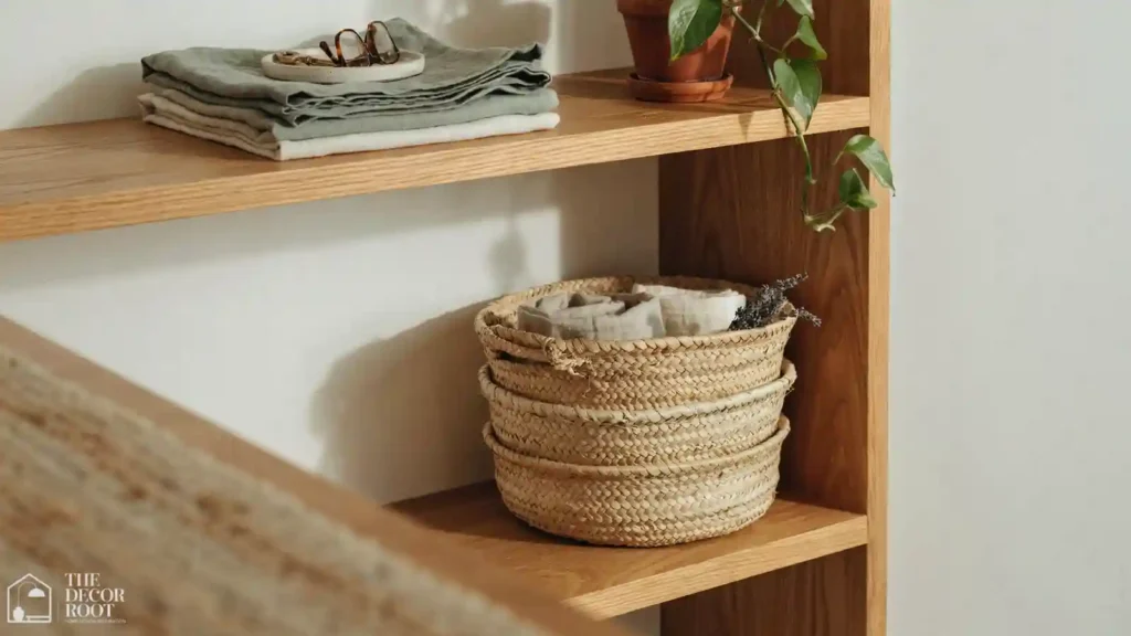 Woven storage baskets styled as a rattan bedroom accent idea for closet organization