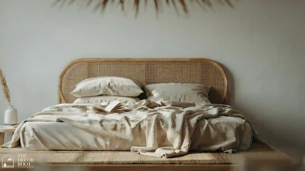 Rattan headboard bedroom with ceiling fan for a cooling summer bedroom idea
