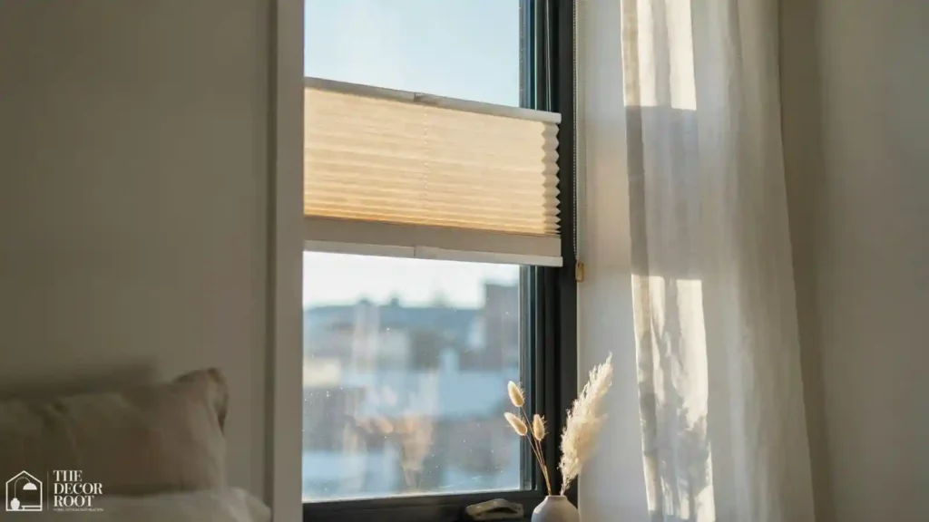 Sheer linen curtains and cellular shade layered for a cooling bedroom window idea