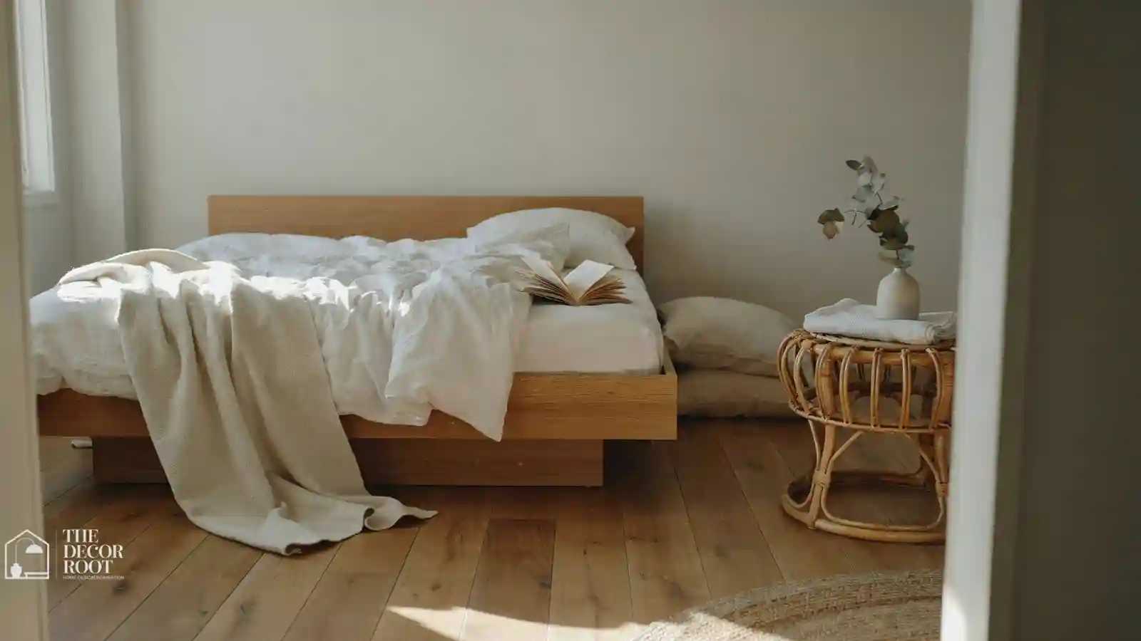 Cooling bedroom idea with white linen bedding and open windows for airflow