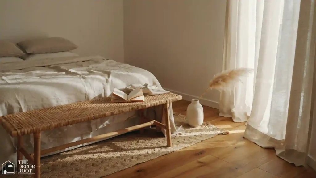 White linen bedroom idea with rattan bench and jute rug for warmth