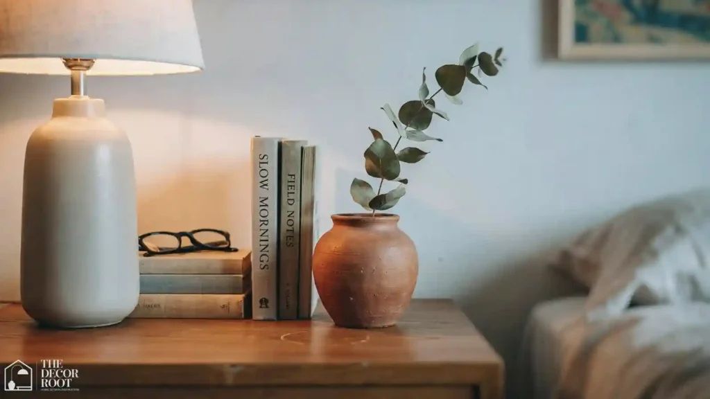 Styled nightstand detail in a white linen bedroom with a ceramic lamp and organic decor