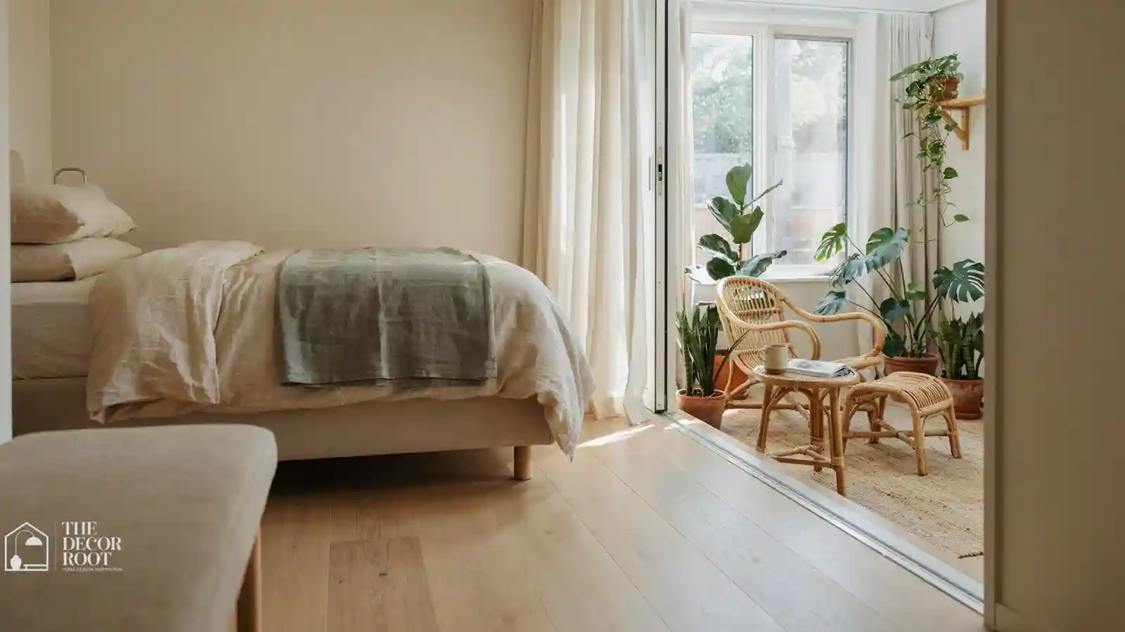 Sunroom-adjacent bedroom idea using matching materials to blend with an attached sunroom