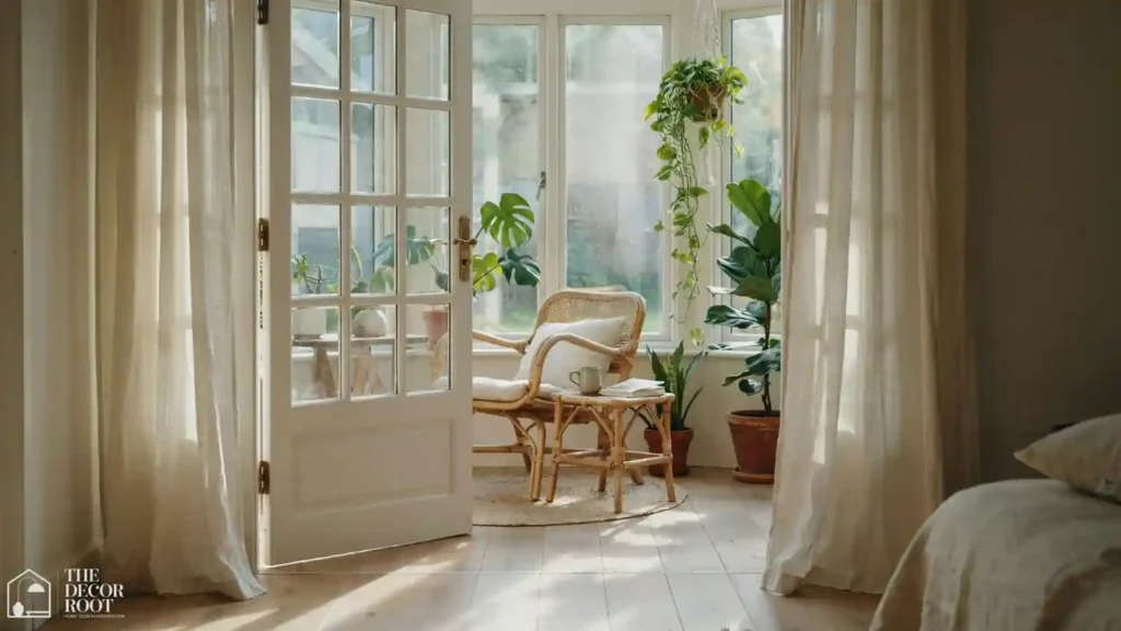 Open doorway sightline between a bedroom and sunroom styled with matching materials
