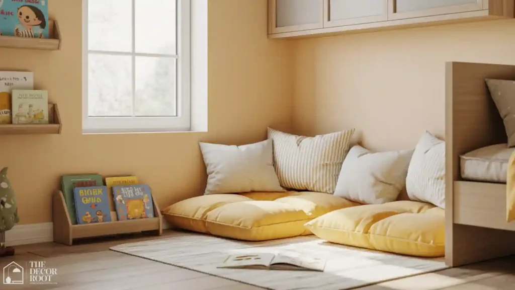 DIY floor cushion reading nook in a summer kids bedroom