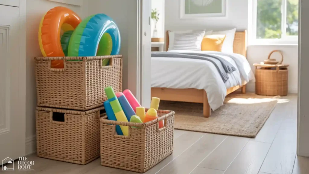 Woven storage baskets organizing summer toys in a kids bedroom