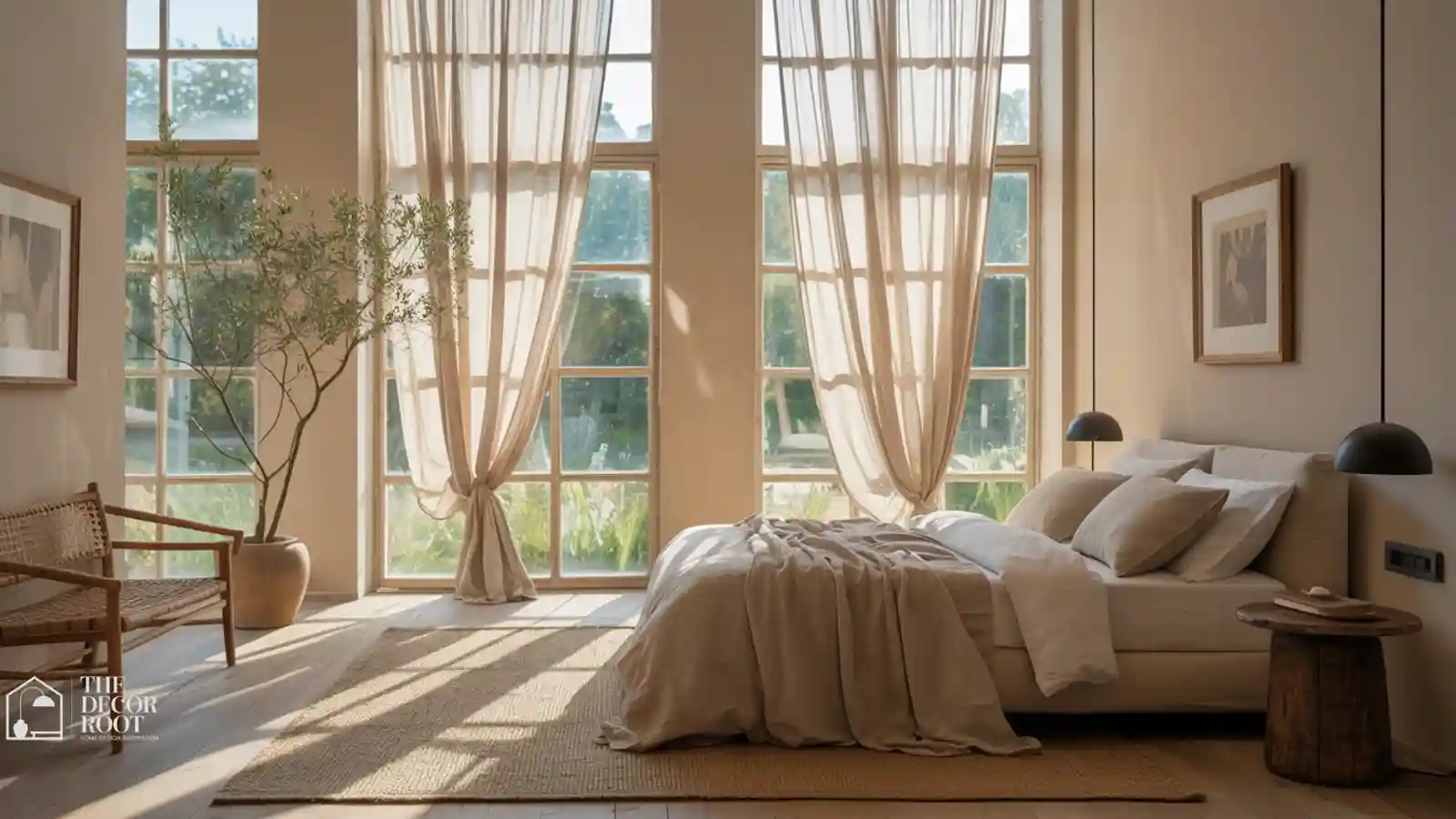 Sheer linen curtains billowing in a breezy natural light bedroom