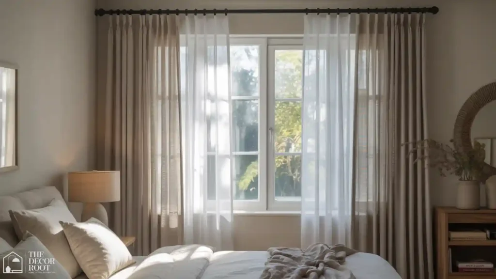 Layered sheer and linen curtains in a bedroom window