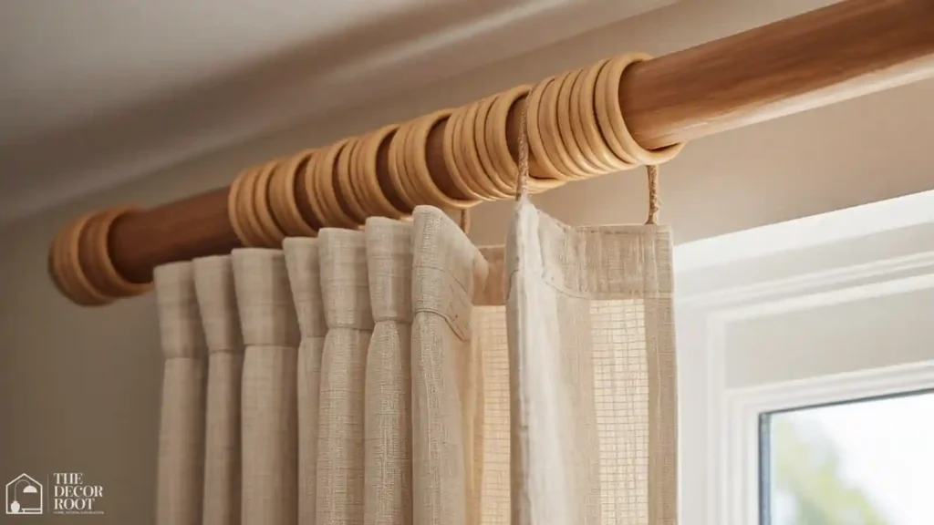 Close-up of rattan curtain rod with linen curtain panel
