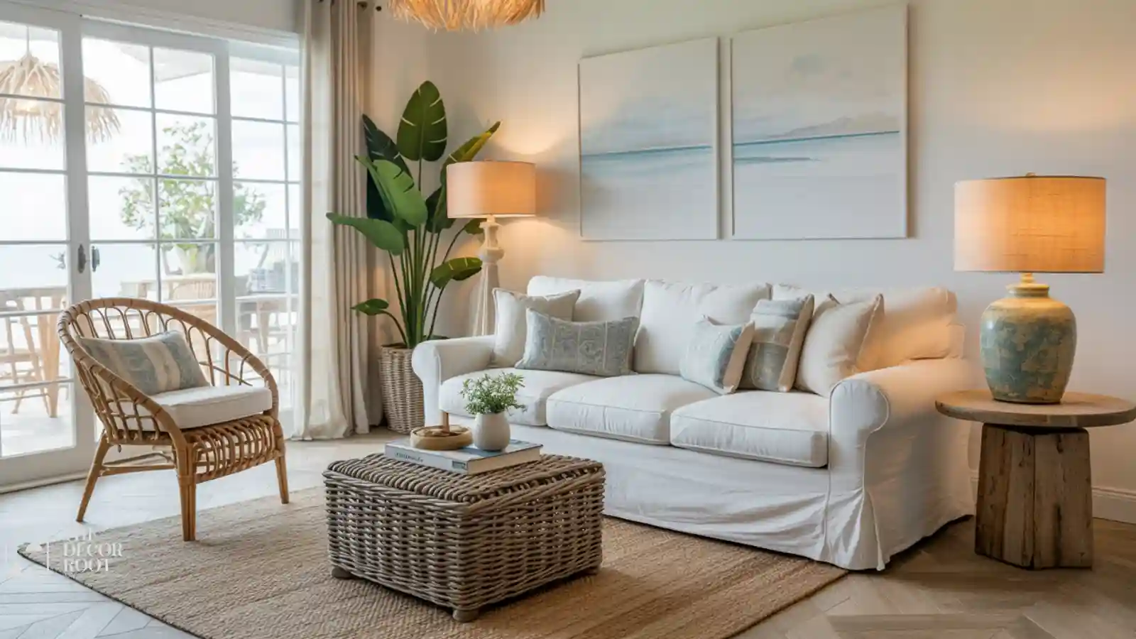 Coastal grandmother style living room with linen sofa and natural textures