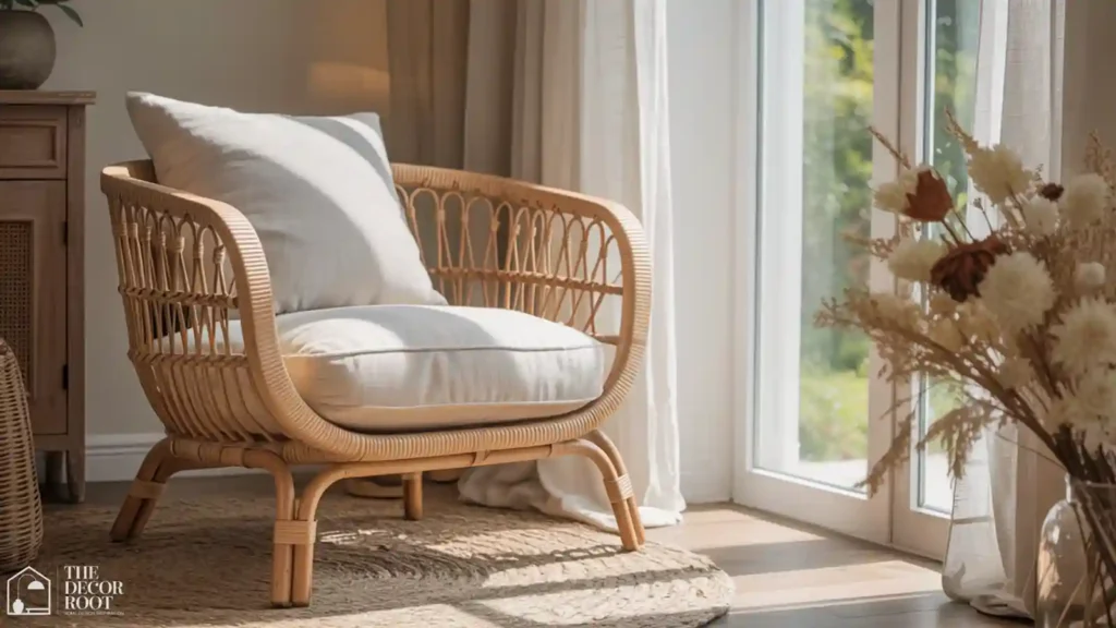 Rattan accent chair styled in a coastal grandmother living room