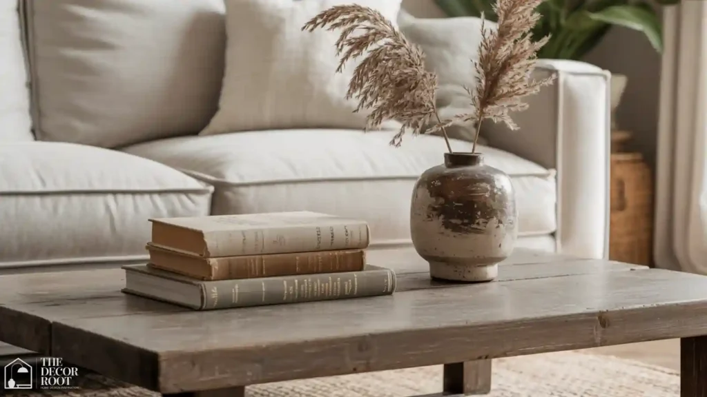 Styled coffee table with books and ceramic accents in coastal grandmother living room