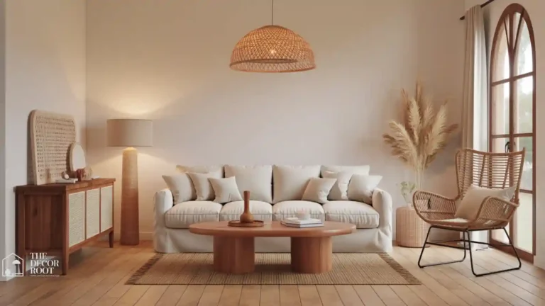 Living room styled with rattan furniture and natural textures