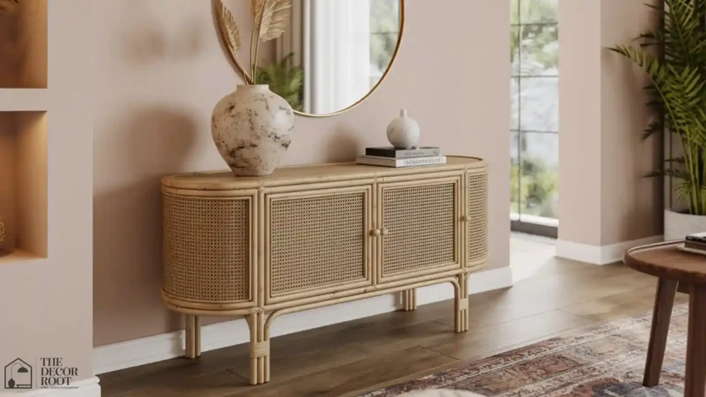 Rattan console table styled with ceramic accents in a living room