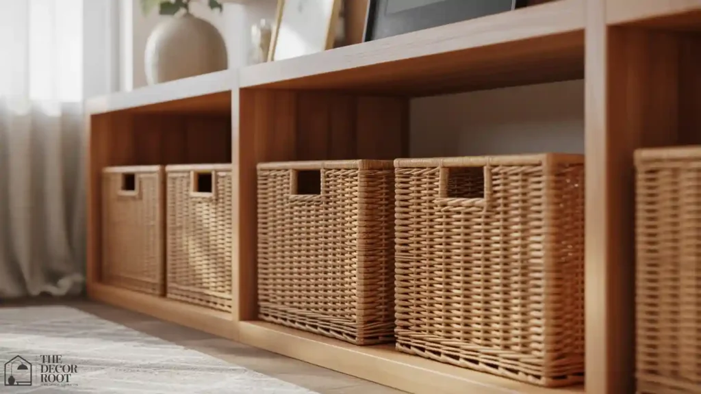 Rattan storage baskets tucked under a living room shelf