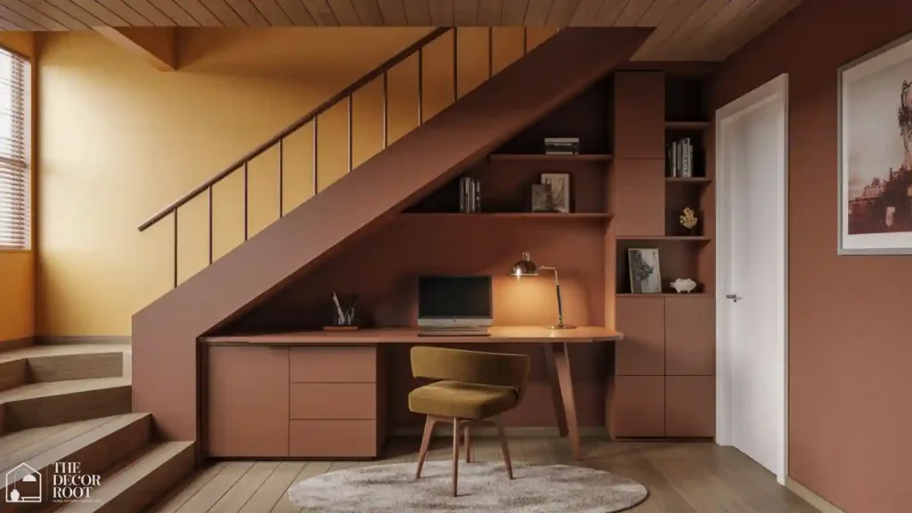 Under-the-stairs home office nook with sloped ceiling and warm lighting