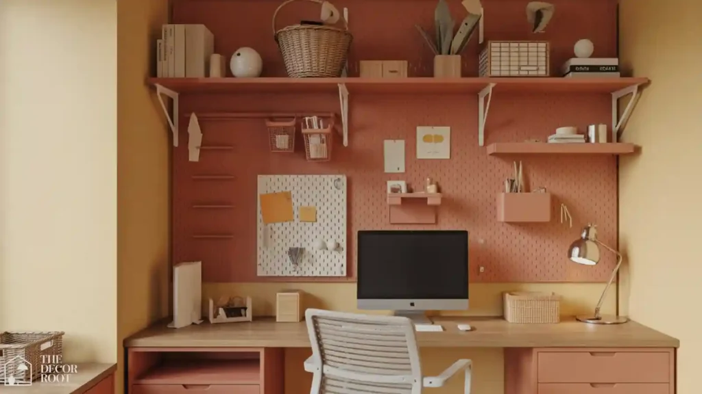 Pegboard wall storage system with baskets and hooks above a home office desk