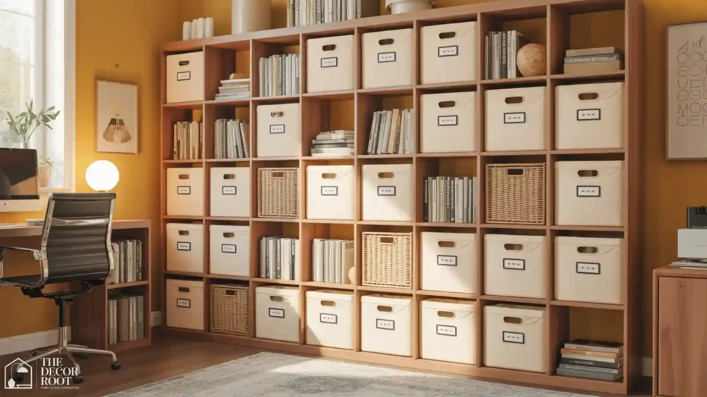 Modular cube storage wall in an organized home office