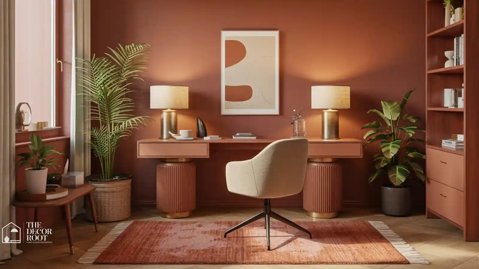 Cozy warm-toned home office with layered lighting, rug, and upholstered chair
