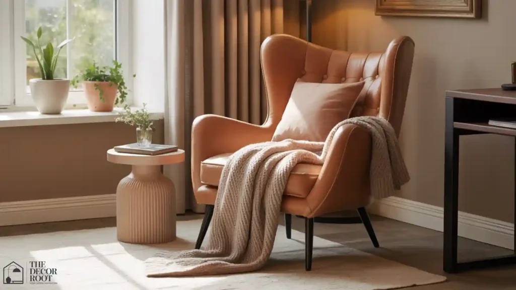 Cozy reading nook chair with throw blanket beside a home office desk