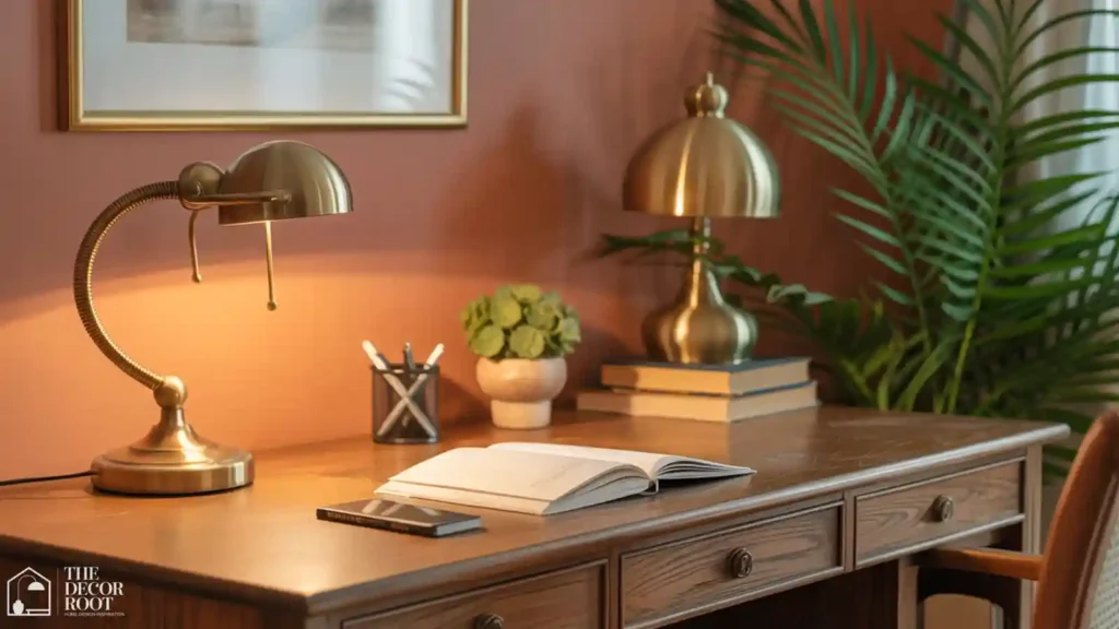 Warm wood desk with layered lighting in a cozy home office