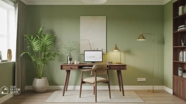 Sage green home office wall with warm wood desk and natural light