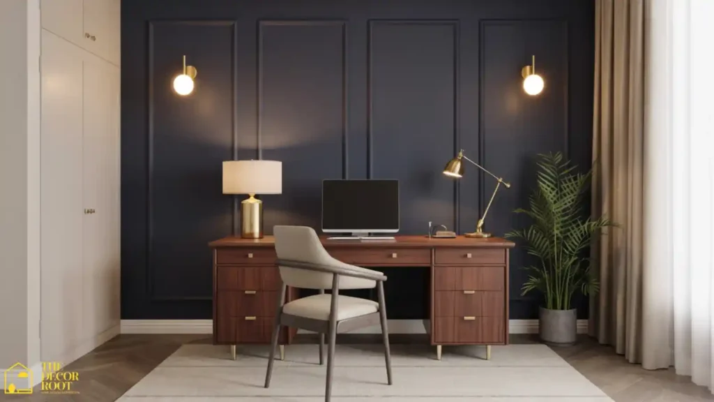 Deep navy accent wall behind a home office desk with warm lighting