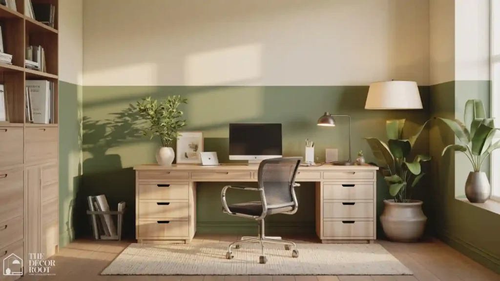 Two-tone color blocked home office wall with desk in warm natural light
