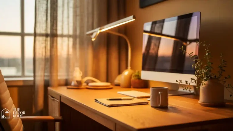 Home office desk with layered task and ambient lighting reducing eye strain