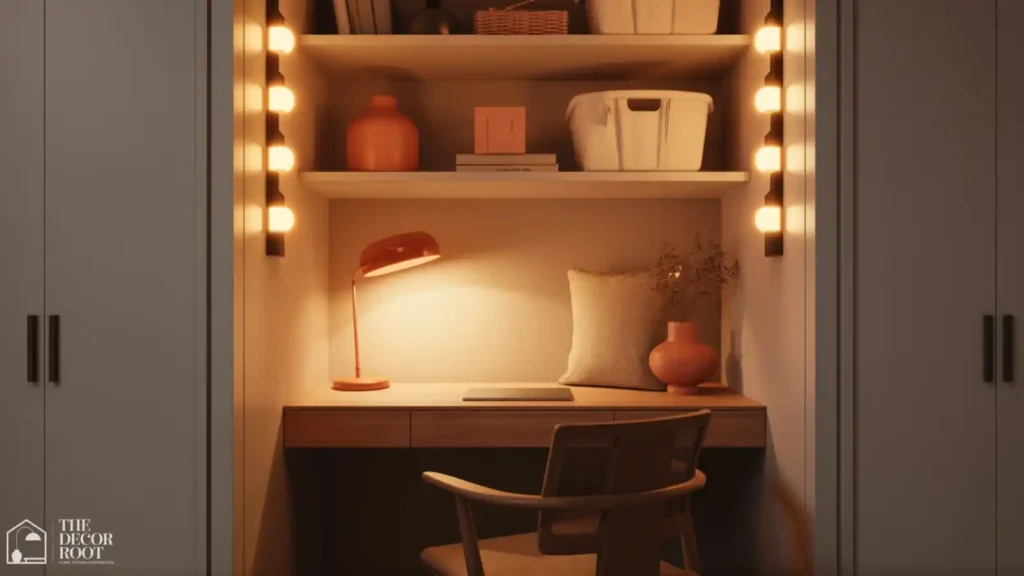 Small closet-converted home office lit entirely with battery puck lights and a desk lamp
