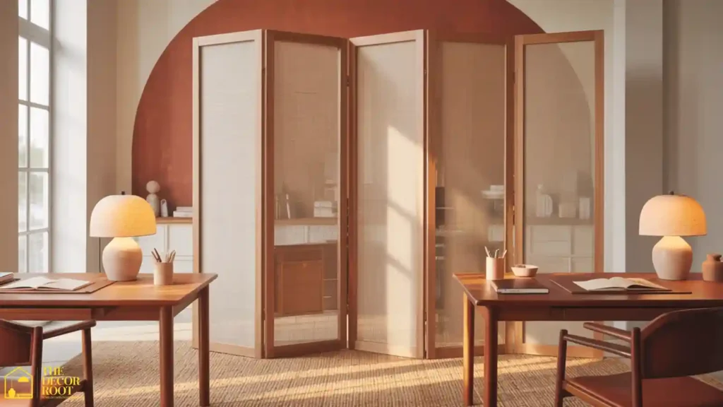 	Folding room divider separating two desk zones in a shared home office