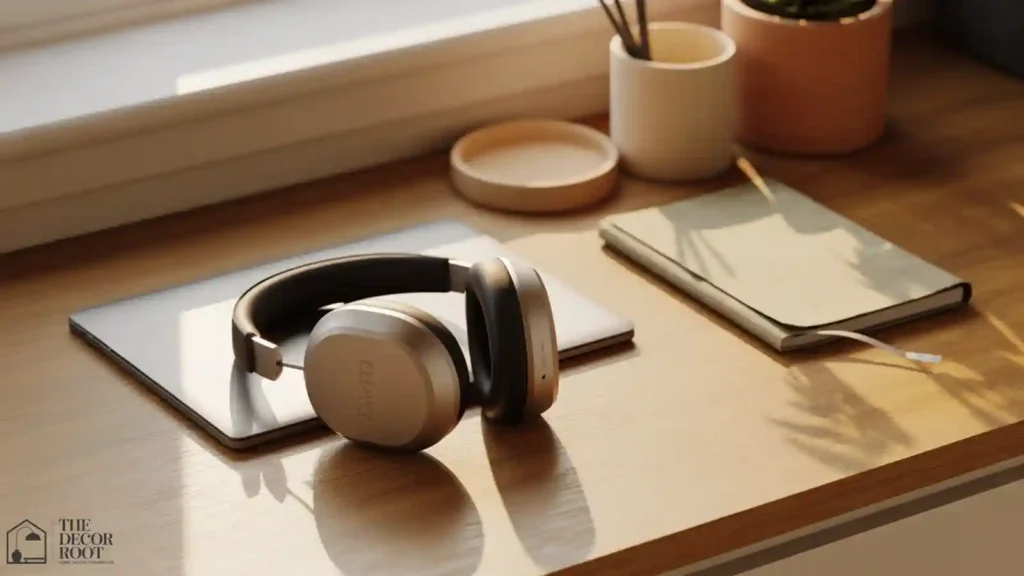 Noise-canceling headphones resting on a desk in a shared home office