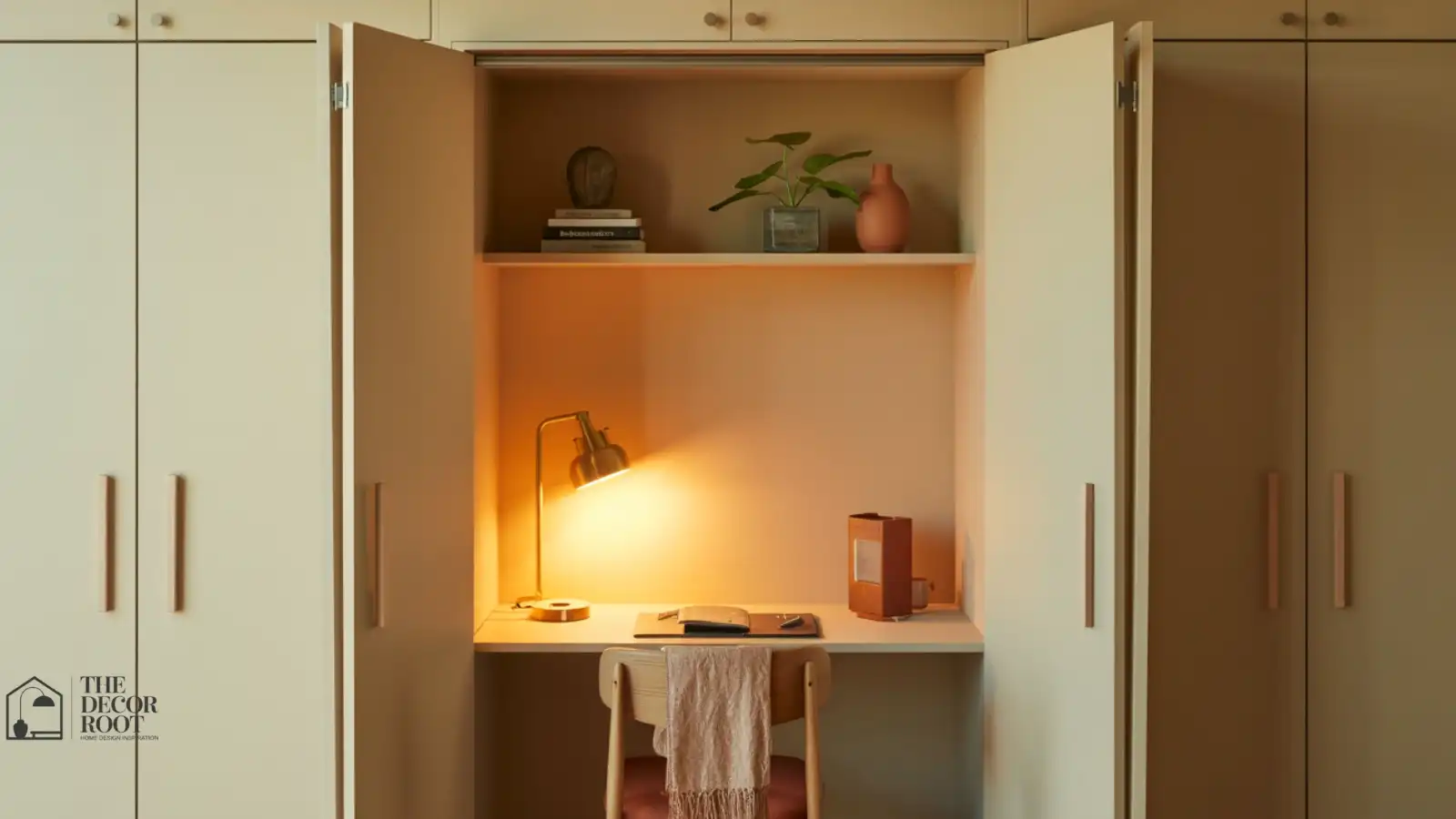 Small closet converted into a functional home office with fold-down desk