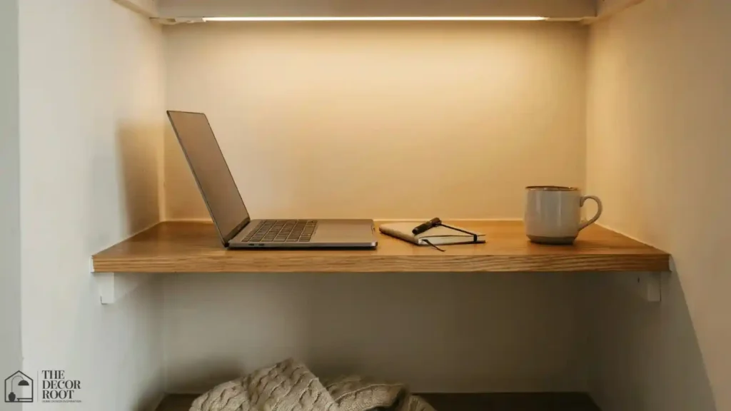 Closet office floating shelf desk with LED strip lighting installed