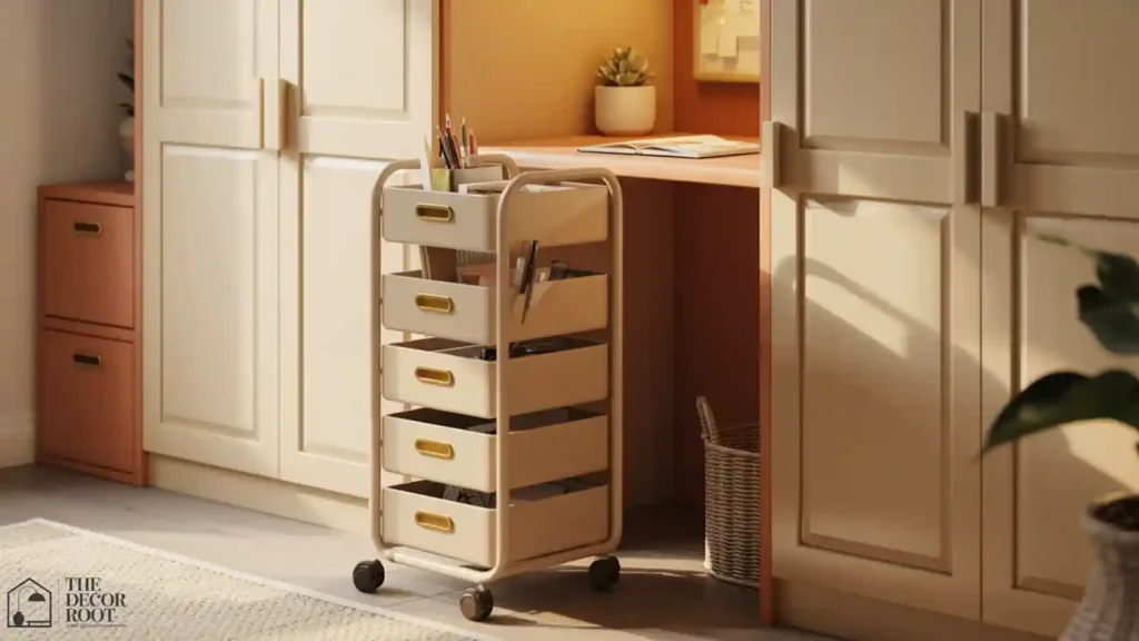 Narrow rolling storage cart beside a small closet home office desk