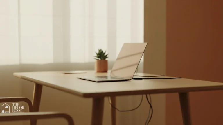 Minimalist home office desk with clutter-free surface and hidden cable management