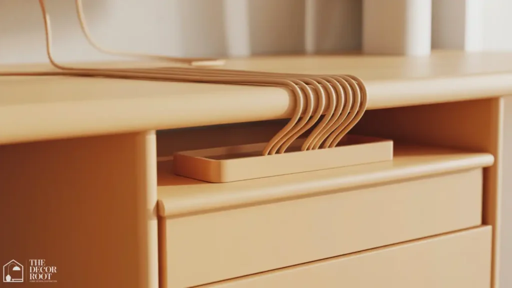 Minimalist desk with hidden cable management box under the surface